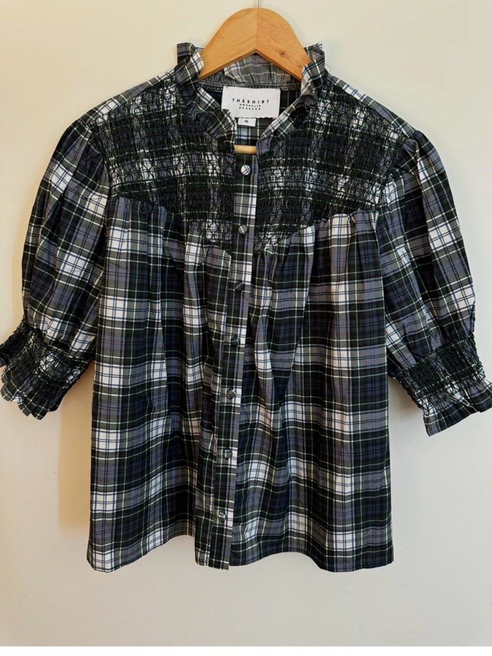EUC THESHIRT by Rochelle Behrens Smocked Ruffle Top | Green Blue Plaid Size XL